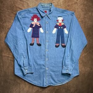 Vintage 90s Sun Belt Raggedy Ann Andy Rag Doll Patchwork Denim Button Up Shirt